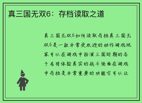 真三国无双6：存档读取之道