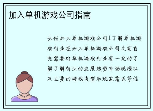 加入单机游戏公司指南