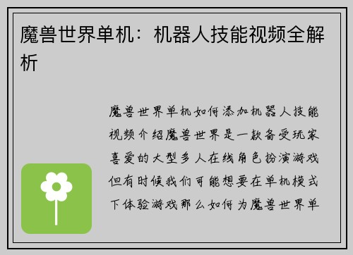 魔兽世界单机：机器人技能视频全解析